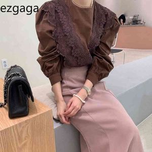 Ezgaga deux pièces ensemble femmes coréen Chic col rond dentelle Patchwork chemises et taille haute jupes mode Blouse élégant Jupe tenues 210430