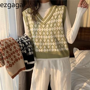 Ezgaga Vintage Argyle Sweater Vest Vrouwen Nieuwe Herfst Koreaanse V-hals Pullover Mouwloze dame Tops Mooie vest Casual 210430