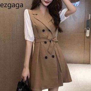 Ezgaga Vintage Double Breasted Bandage Dress Femmes D'été À Manches Courtes Entaillé Patchwork Élégant Bureau Lady Mode Mini Robe 210430