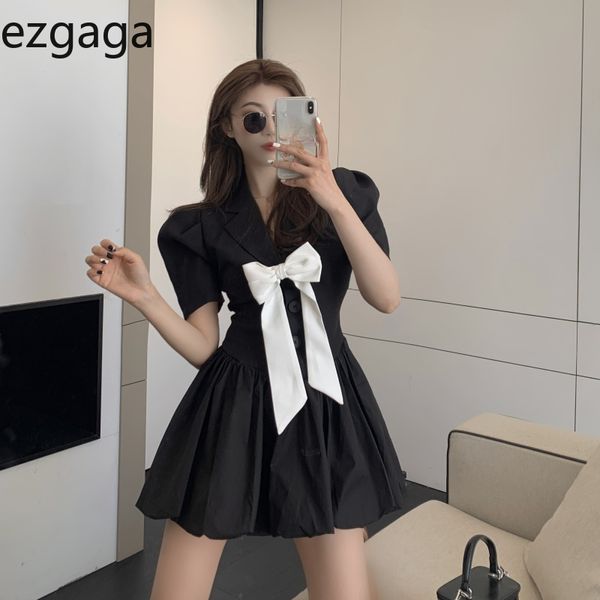 Ezgaga Vintage bouffée à manches courtes Mini robe femmes col en v ruban nœud contraste mode coréenne taille haute a-ligne Chic robes 210430
