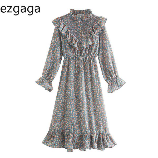 Ezgaga Vintage Ruffles Midi Dress Femmes Floral Imprimé Style Français À Manches Longues Flare Slim Taille Bouton Stretch Élégant Vestidos 210430