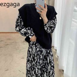 Ezgaga Vintage Tweedelige Set Vrouwen Koreaanse Chic Leopard Gedrukt Lace Up Party Jurk en Uitloper Gebreide Sweater Vest Elegante Mode 210430