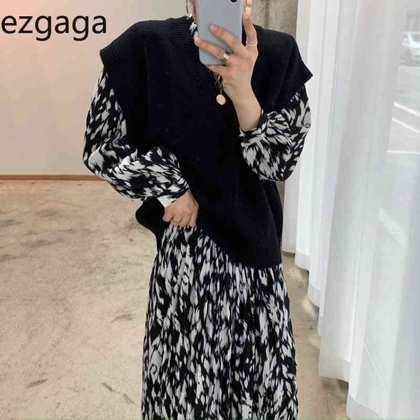 Ezgaga Vintage Two Piece Set Femmes Coréen Chic Léopard Imprimé Robe de soirée à lacets et vêtements d'extérieur Pull en tricot Gilet Mode élégante 210430