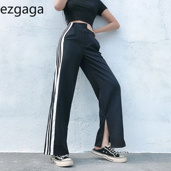 Ezgaga femmes pantalons taille haute côté rayure lambrissé fendu pantalon droit sport mode femme pantalon section mince streetwear 210430