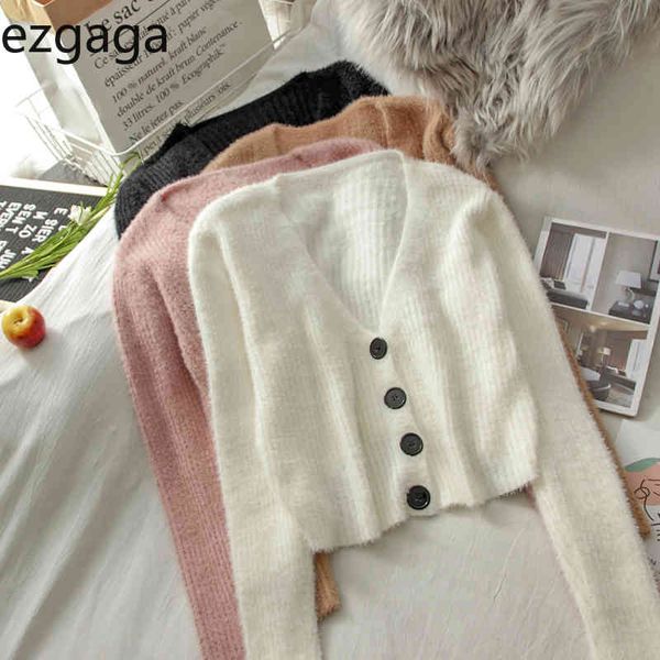 Ezgaga femmes chandails automne Style coréen hauts solide simple boutonnage col en v à manches longues Cardigan mince mode pull 210430