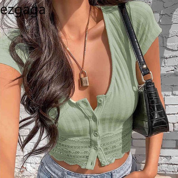 Ezgaga Y2k Tops O-cuello de encaje ajustado de manga corta camisetas verde ahueca hacia fuera un solo pecho sólido señoras Sexy camiseta calle moda 210430