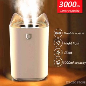EZSOZO – diffuseur d'arôme de brume froide à double buse, 3000ML, avec lumière LED colorée, humidificateur ultrasonique USB