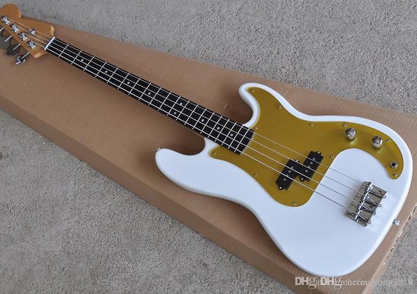 Guitare basse électrique blanche à 4 cordes, personnalisée en usine, avec 2 micros, Pickguard doré, échelle en palissandre, peut changer de couleur