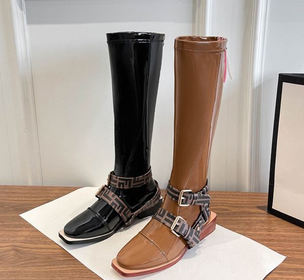 F family – bottes de chevalier pour femmes, longueur aux genoux, nouveau style, tête carrée, boucle de ceinture, fermeture éclair au dos, tube haut