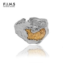 F.I.N.S Koreaanse stijl onregelmatig oppervlak S925 Sterling Silver Gold Foil ingelegde open ring brede statement Resizable Women Fine Jewel 240416