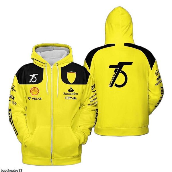 F1 Sweats à capuche pour hommes Sweatshirts Formule 1 Scuderia Ferari Leclerc 1947-2022 75th Yellow Zipper Hoodie Spring Autumn Casual Mens 255P