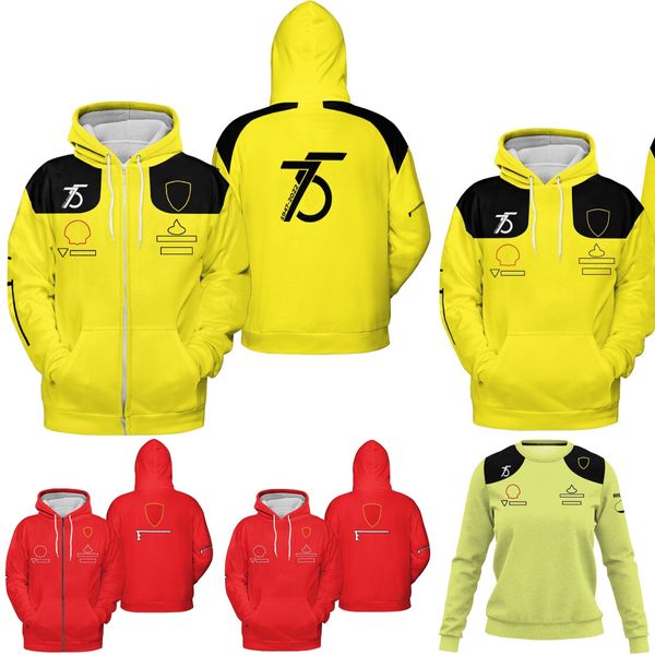 Sudadera con capucha del 75 aniversario del equipo F1 Logotipo de carreras de Fórmula 1 Sudadera con capucha amarilla con cremallera Sudadera con capucha de moda para hombre de primavera y otoño