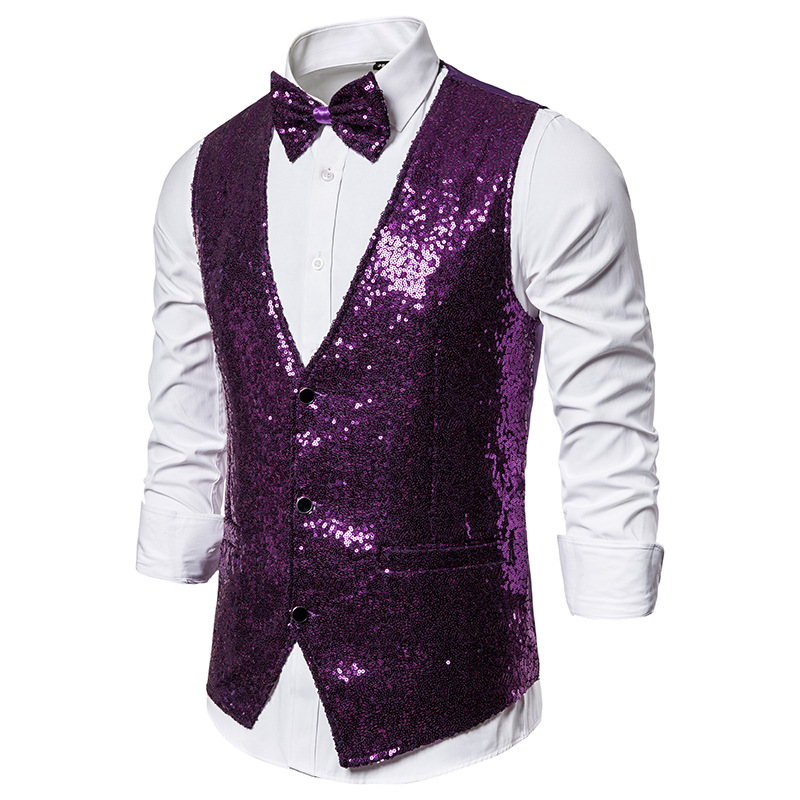 2021 Black Sequin Vests Men VestBowtie Slim Fit V Neck Sparkling