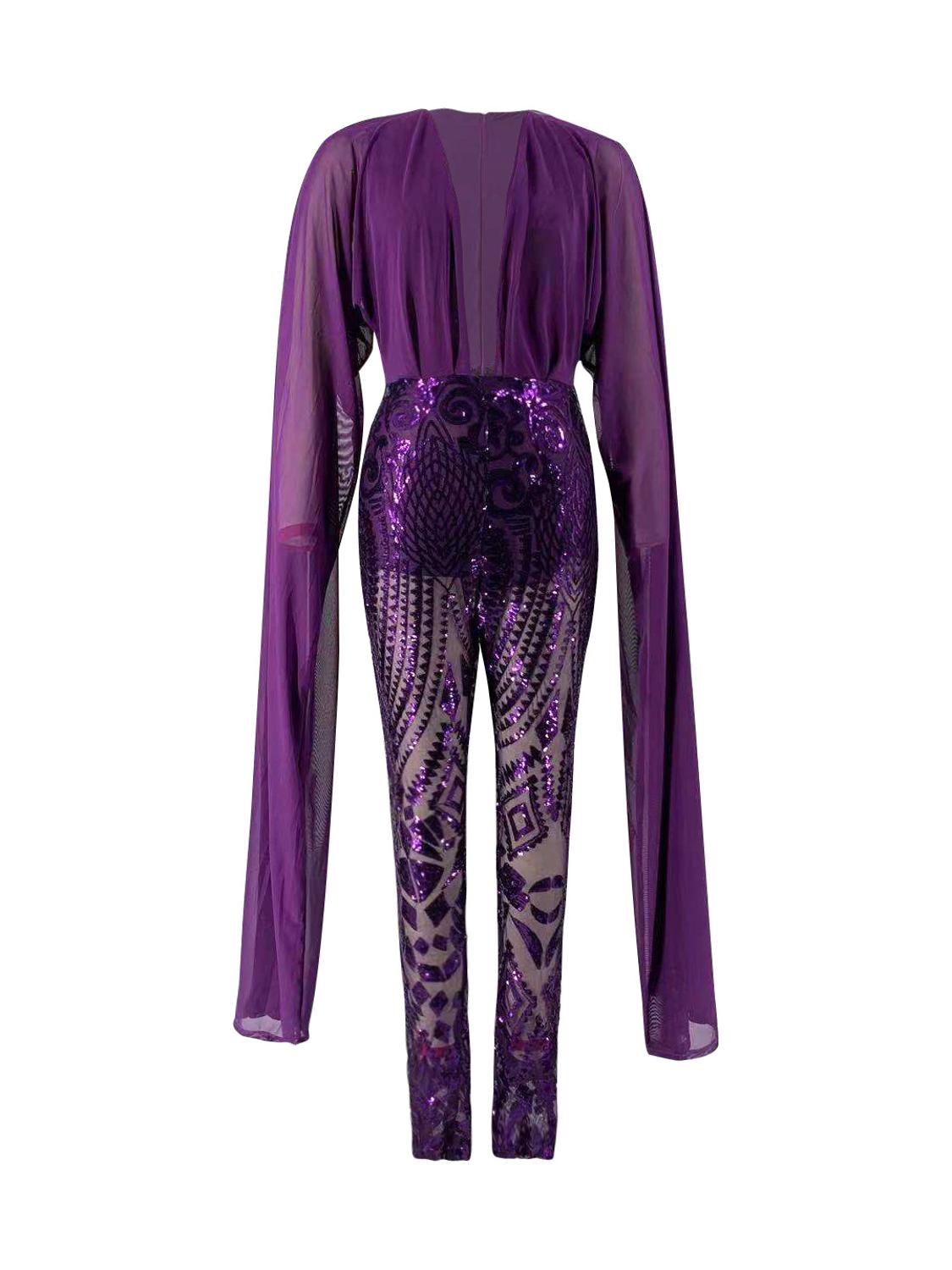 shiny sequins cloak sleeve jumpsuits