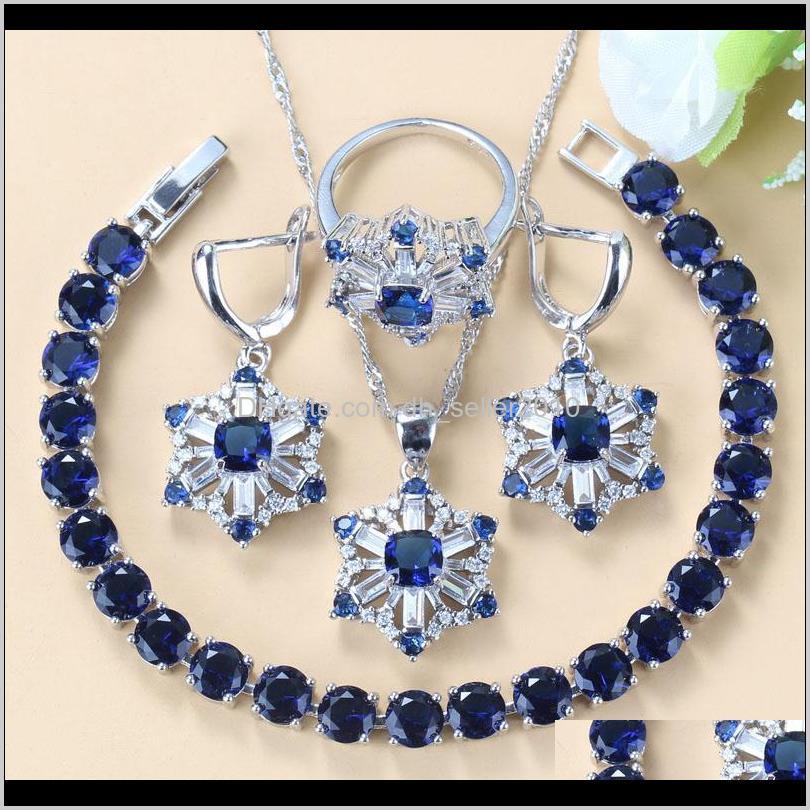 new exclusive blue zircon bridal silver 925 costume sets r flower jewelry sets for women dangle/earrings/bracelet/ring