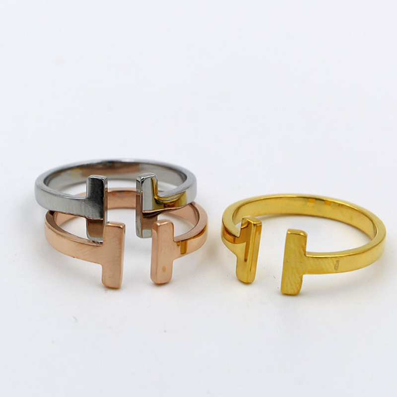 316L Stainless Steel fashion double T ring Jewelry for woman man lover rings 18K Gold-color and rose Jewelry Bijoux no have any logo