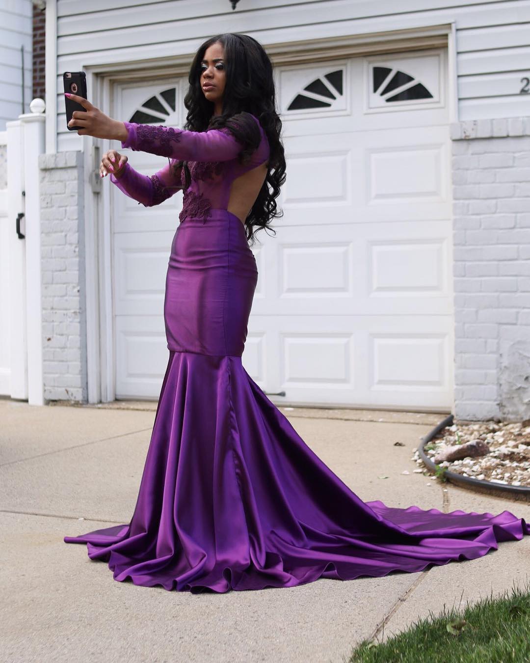 Newest 2018 Sexy Purple Prom Dresses For Black Girl Open Back Illusion Bodice Mermaid Evening Party Gowns