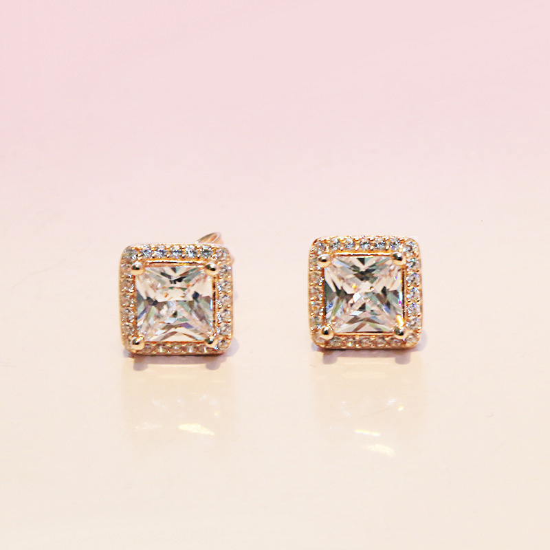 925 Sterling Silver Square Big CZ Diamond Earring Fit Pandora Jewelry Gold Rose Gold Plated Stud Earring Women Earrings