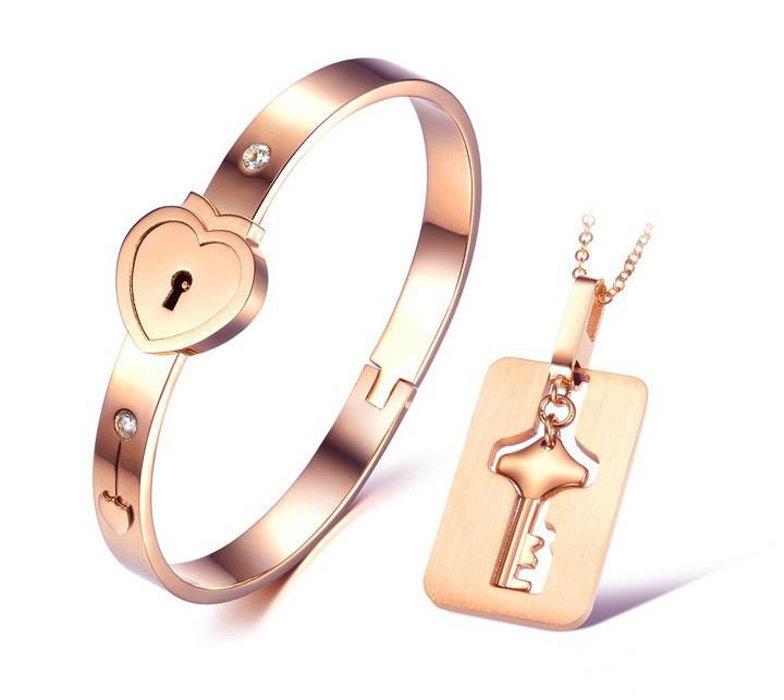 

Titanium steel necklace bracelet jewelry sets rose gold fashion lovers bracelet necklaces birthday present