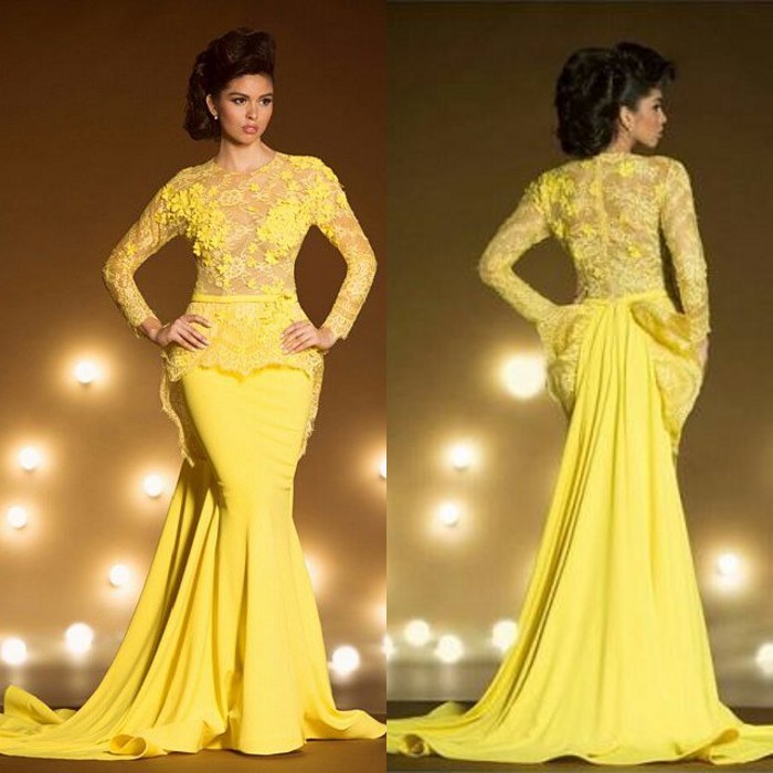 

Fashion Lace Formal Evening Dresses With Long Sleeves Mermaid Appliqued Sheer Jewel Neck Peplum Prom Dress Yellow Transparent Evening Gowns, White