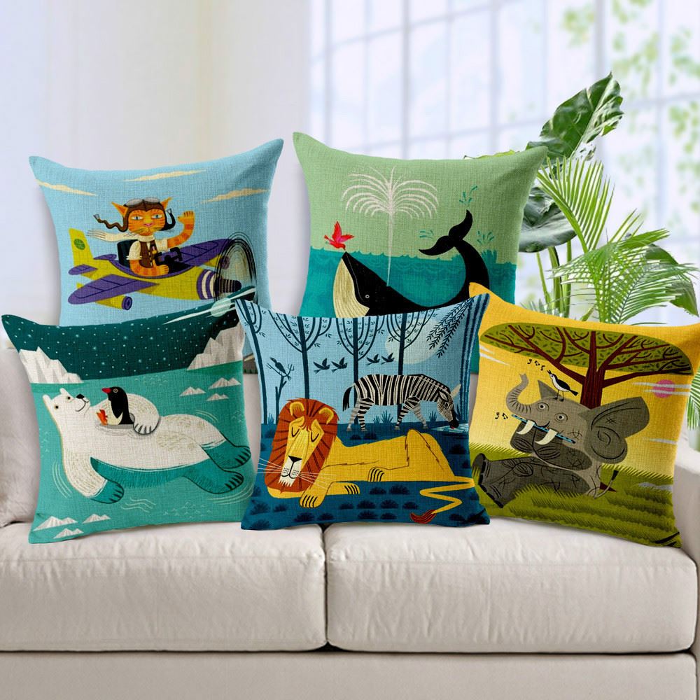 

Linen Pillow Cushion Cover Cat Elephant Lion Dolphins Polar Bear Pillow Case Cartoon Animal Print Pillowcase 45cm*45cm