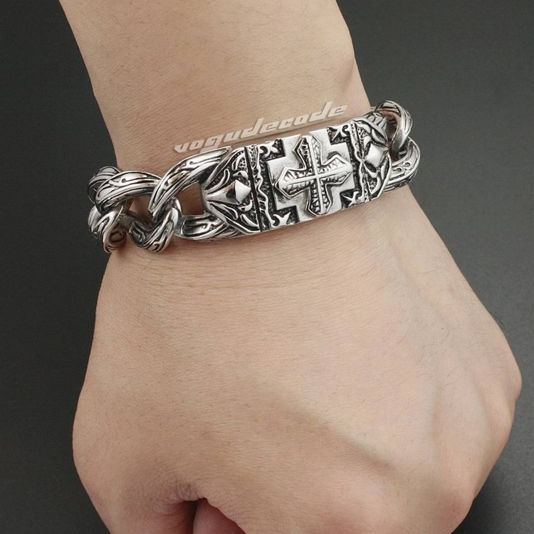 

8 Lengths Solid 316L Stainless Steel Cross Mens Biker Bracelet 5C016