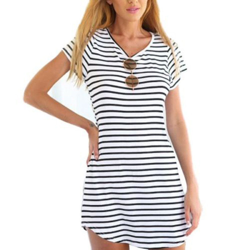 Gros-ZANZEA D'été Style 2016 Nouvelles Femmes Robe Casual Loose Noir Blanc Robes À Rayures À Manches Courtes O Cou Mini Vestidos Plus La Taille