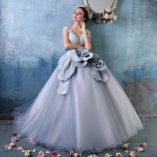 

Luxury Pearl Beaded Ball Gown Prom Dresses Capped Sleeve back Zipper Handmade Flower organza Robe De Soirre 2016 Pagaent Gowns, Royal blue