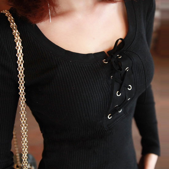 

Women' Cotton Long Sleeve T Shirt U Neck Drawstring Pullover Sexy Slim Blouse Spring Autumn Casual Tops, White