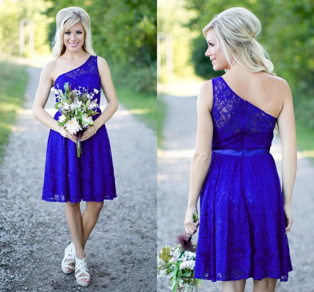 

2018 Cheap Country Bridesmaid Dresses For Weddings One Shoulder Lace Royal Blue Zipper Back Party Knee Length Short Sashes Maid Honor Gowns