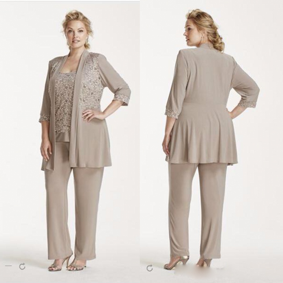 2019 Plus Size Mother of the Bride Dresses Custom Made 2015 New Mock Lace and Jersey Pant Suit Style