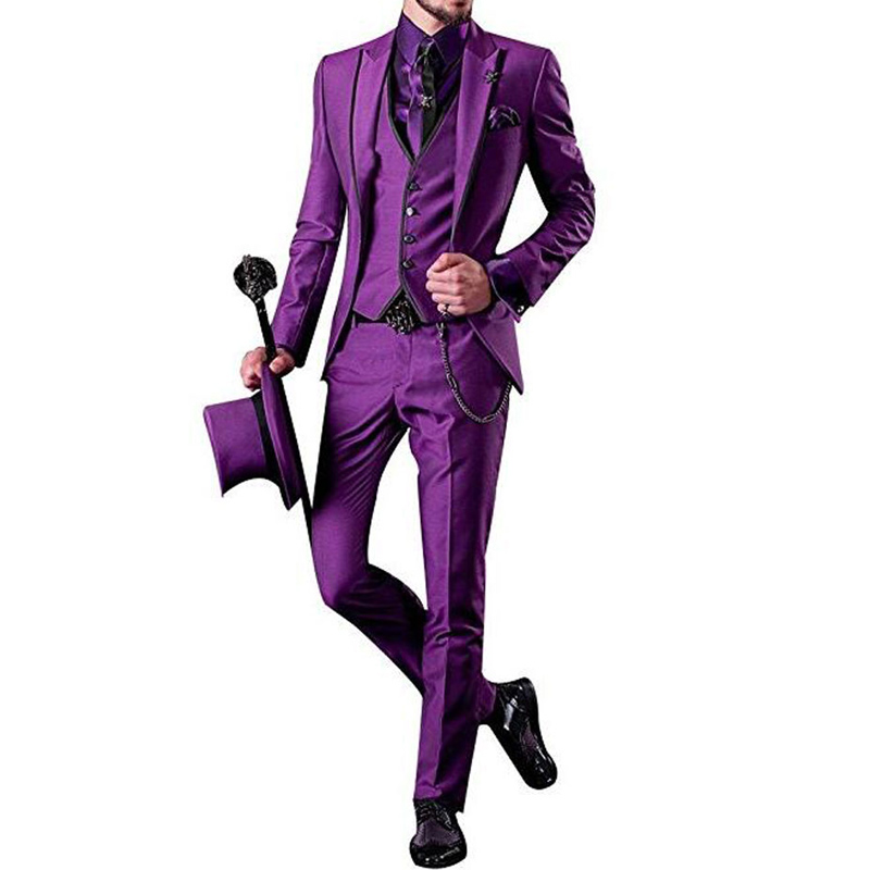 Handsome Purple Wedding Groom Tuxedos Slim Fit with Peaked lapel Men Suits Three Piece Groomsmen Suit (Jacket + Pants + Vest)