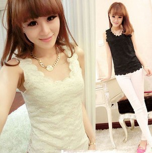 

New 2014 Solid chiffon vest women Blouses & Shirts knitted Sexy Hollow Out Lace tops ladies basic sleeveless tank tops hot sale, Beige