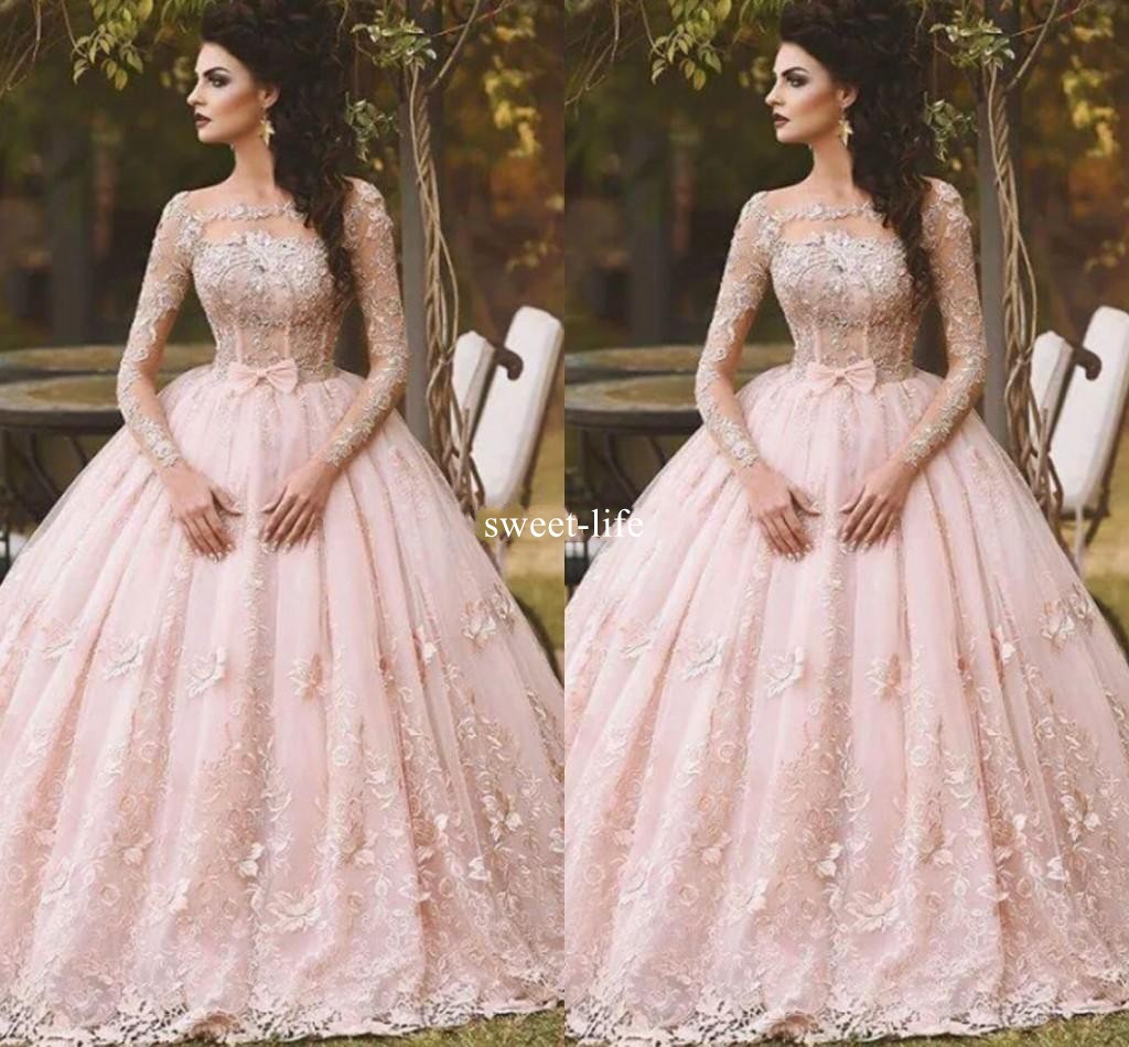 

Vintage 2020 Ball Gown Prom Dresses Long Sleeves Illusion Full Lace Appliqued Tulle Floor Length Evening Quinceanera Dress, Light purple