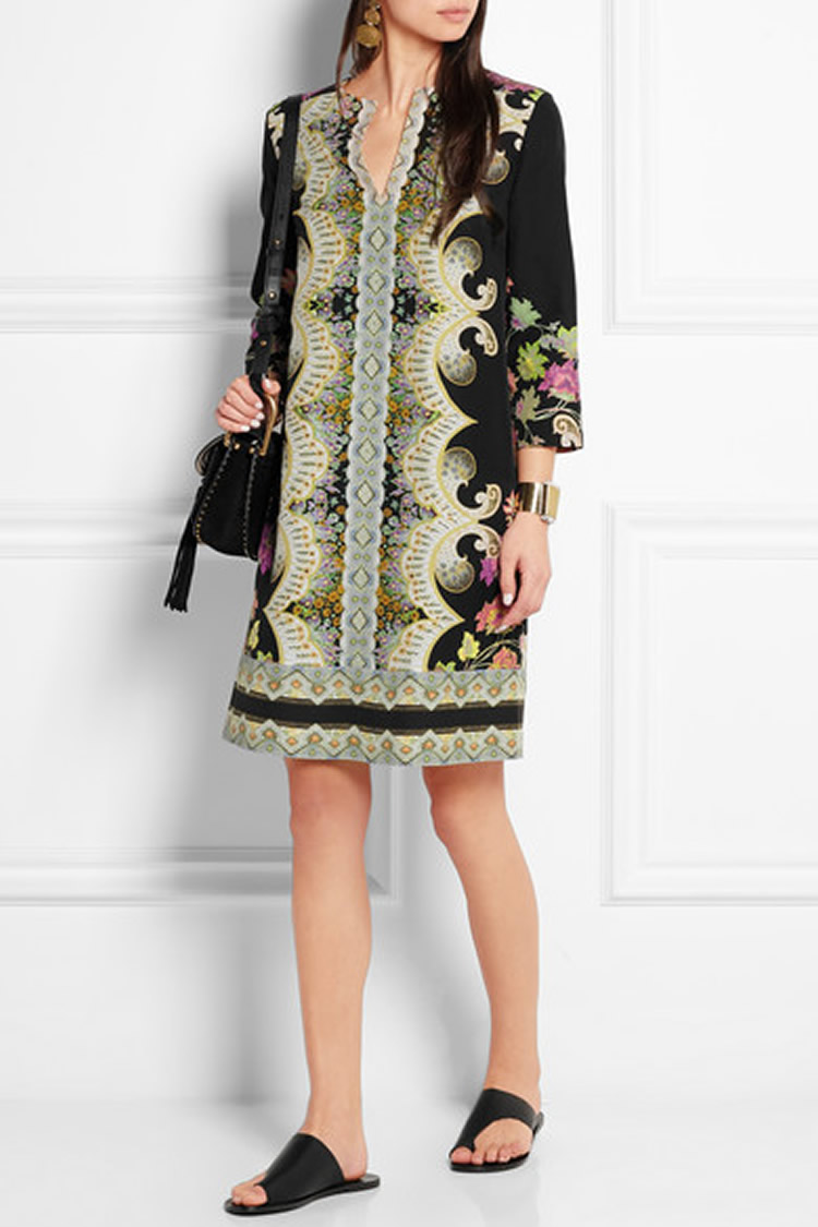 

Fashion Print Women Shift Dress V-Neck 3/4 Sleeve Dresses 0115104, As pictures