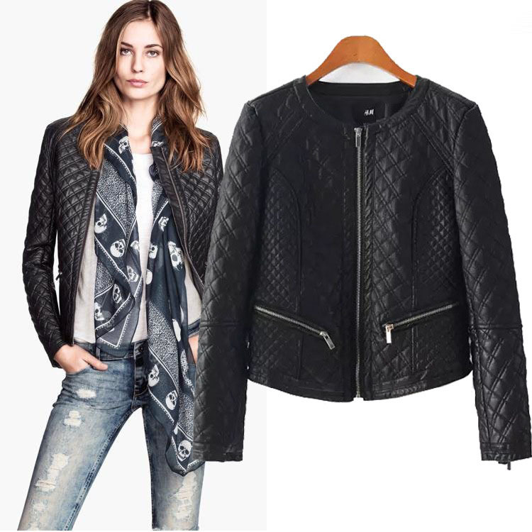 

SZ1374 New Arrival Woman Jacket Fashion Women' Quilted Plaid O-Neck PU Leather Jacket Casual Cardigans Coat For Autumn, Black
