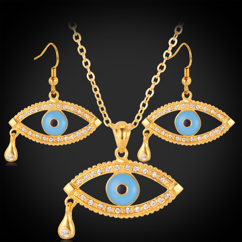 New Blue Evil Lucky Eyes Pendant Earrings 18K Gold Plated Choker Necklace Jewelry Sets Rhinestone Jewelry For Women YSP1186-image-190202388
