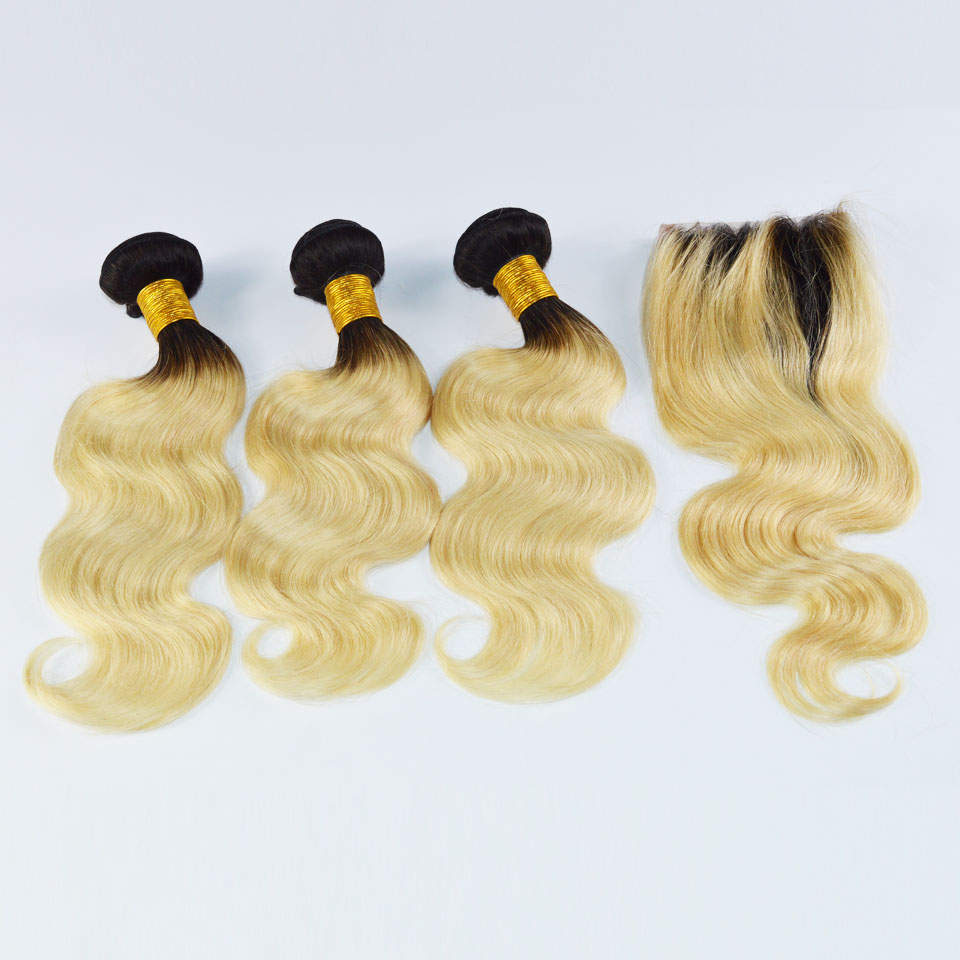 

ombre blonde brazilian virgin human hair weaves 1b 613 with top closure 4pc hair weft1pc lace closure with bundles body wave