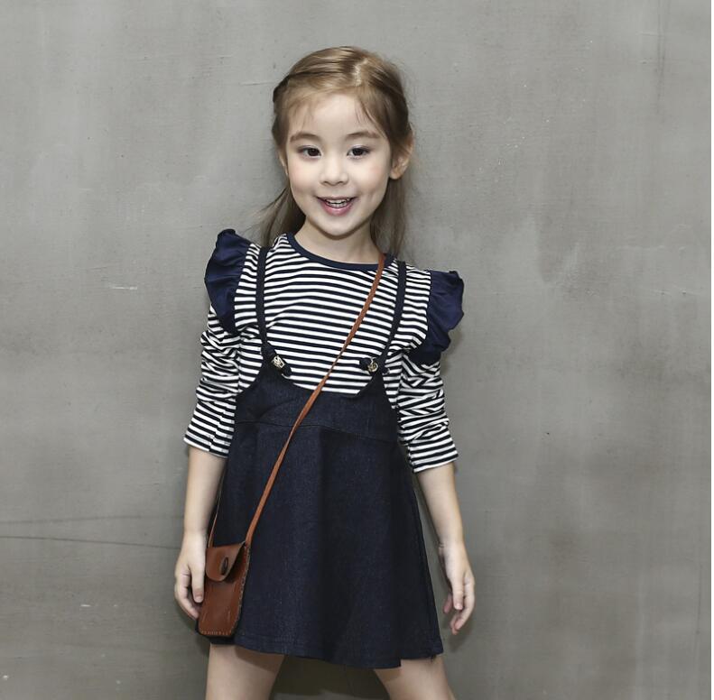 

Girl Striped T-Shirt and Jean Dress Set Baby Autumn Long Sleeve Tops and Skirt Suit Kids Clothes Clothing Two Pieces HM 056, As picture