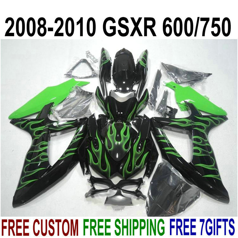

New aftermarket parts for SUZUKI GSX-R750 GSX-R600 2008 2009 2010 green flames in black fairings K8 K9 GSXR600/750 08-10 fairing kit KS56, Same as the picture shows