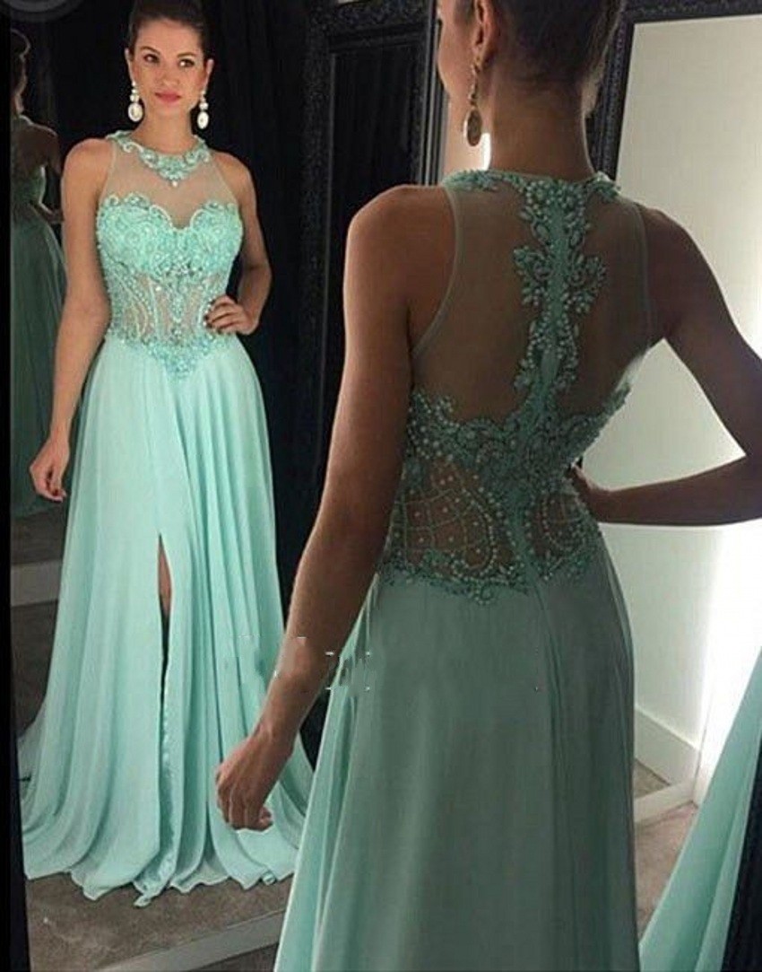 

vestido de festa Prom Dresses 2016 Jewel Neck Crystal Beading Illusion Chiffon Yellow Side Split Sheer Back Party Dress Formal Evening Gowns, Orange