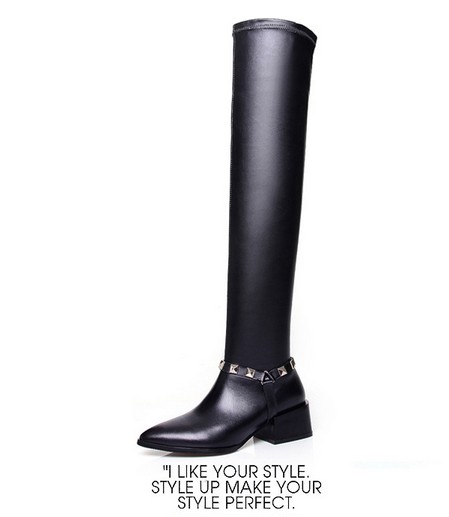 

fashionville* high quality! b075 34 black genuine leather stud pointy stretch thigh high boots fashion sexy women, Black flat /ask size first