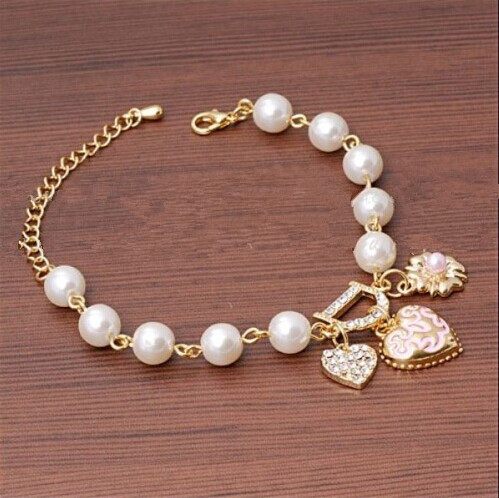 

B327 Pearl Jewelry Gold Chain Bling Rhinestone Heart Bracelets Charm Jewelry Wholesale Factory Price #2029, Golden;silver