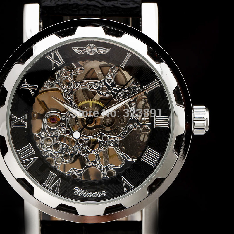 

2019 new fashion skeleton winner famous design style hollow business leather classic men mechanical hand wind wrist army watch, Black