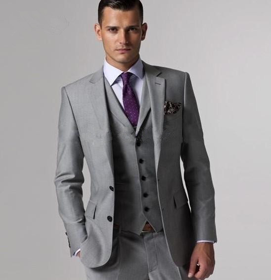 

High quality Custom Made Grey Wedding Suits Groom Tuxedos Slim Fit Suit handsome Formal Suits Groomsman Pants (Jacket+Pants+Vest), White
