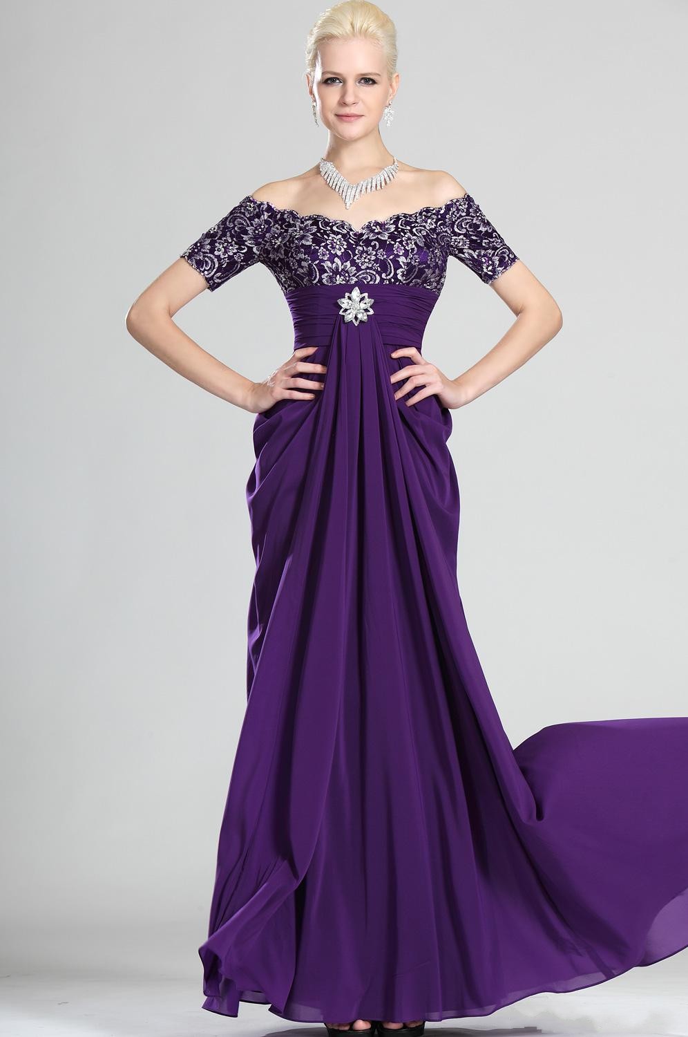 

2019 purple Chiffon Off Shoulder mother dresses Purple Short Sleeves Beads Backless Plus Size Long Lace Vintage Mother of the Bride Dresses