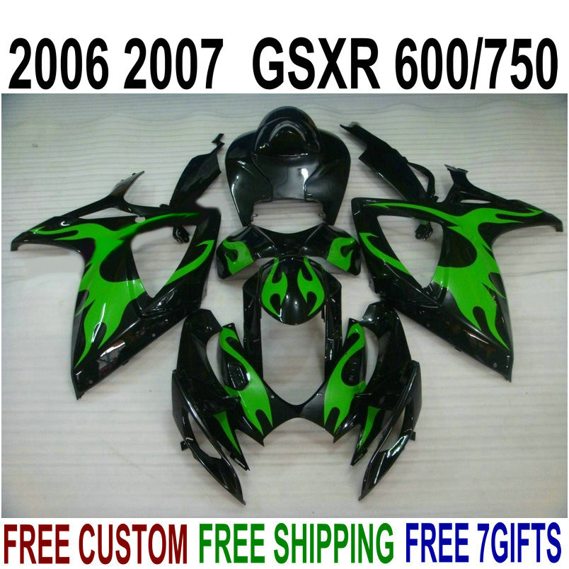 

Hot bodywork fairings set for SUZUKI GSXR600 GSXR750 2006 2007 K6 green flames in black ABS fairing kit GSX-R600/750 06 07 Z83B, Same as the picture shows