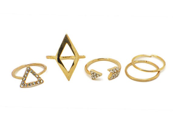 

European Gold Plated Rhinestone fashion style rhombus triangle arrows diamond midi ring sets 5 Pieces For One Set, Silver