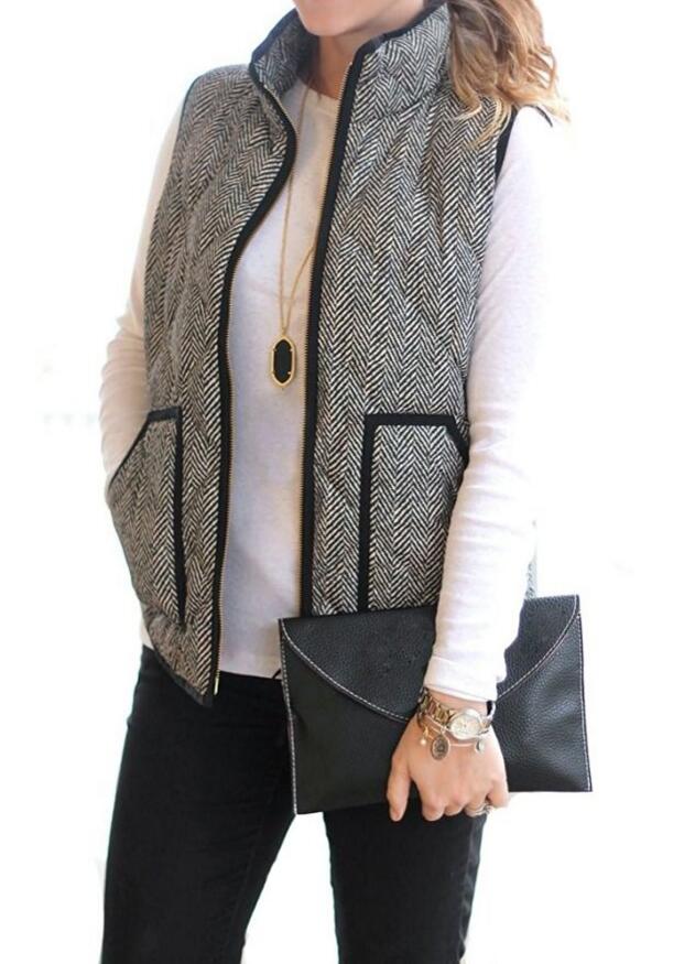 

Wholesale-Big Pocket Autumn Winter Sleeveless Women Cotton Casual Ladies Jackets Black denim Herringbone Vest Quilted Cotton Puffer Vest, Gray