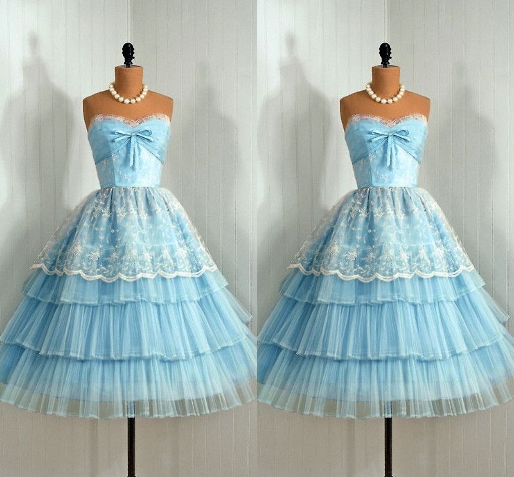 

Vintage 1905's Cute Lace Party Cocktail Dress Light Sky Blue Sweetheart Ruffles Sheer Tulle Vesidos Knee length party Evening Gowns 2016, Black